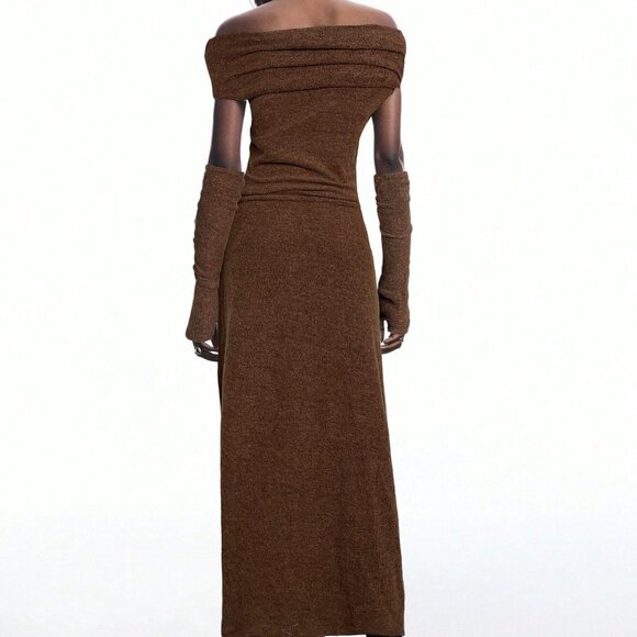 Brown Elegant Women's Asymmetrical Knitted Maxi Drape Dress - Picture 2 of 6